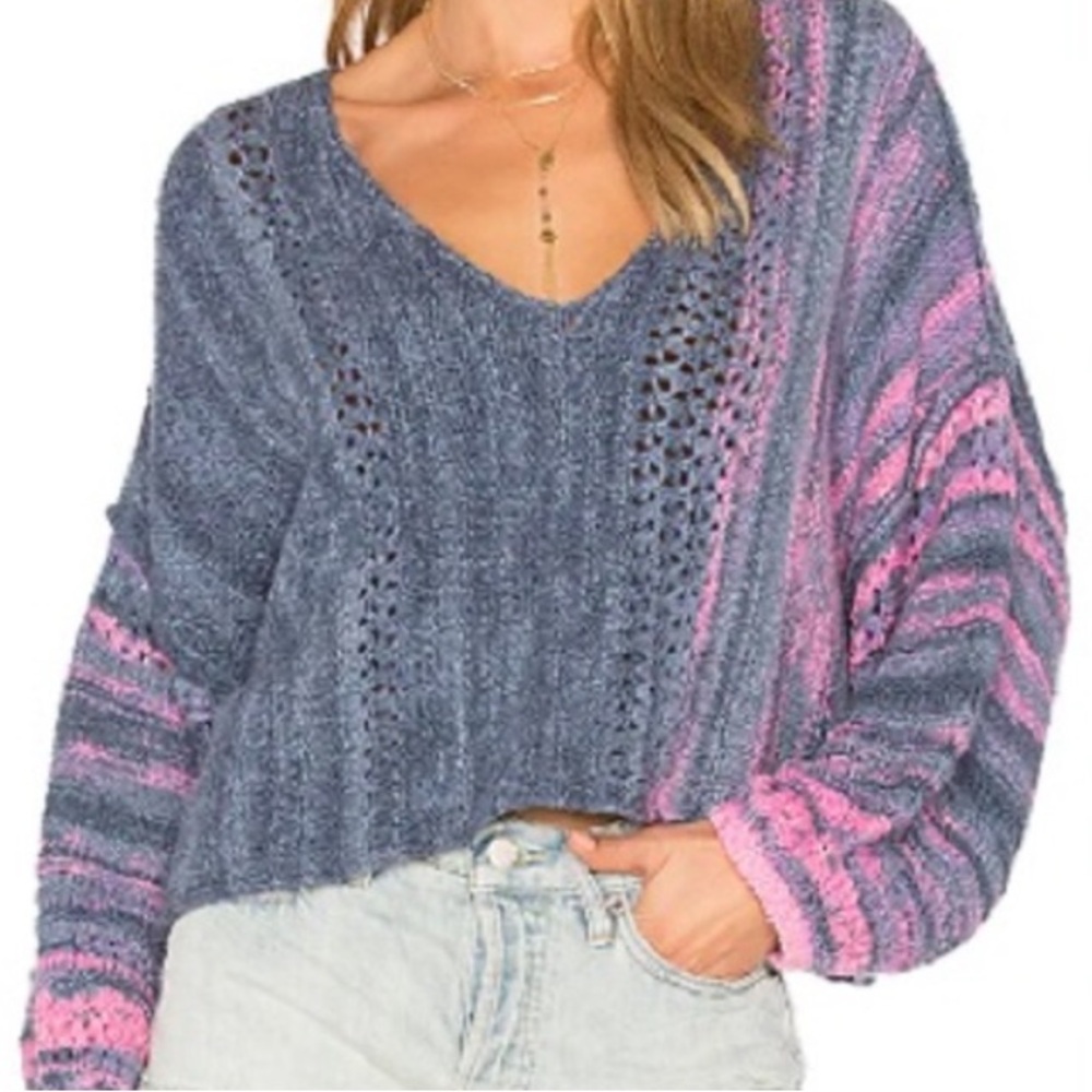 Free People V-Neck Sweater Blue Pink